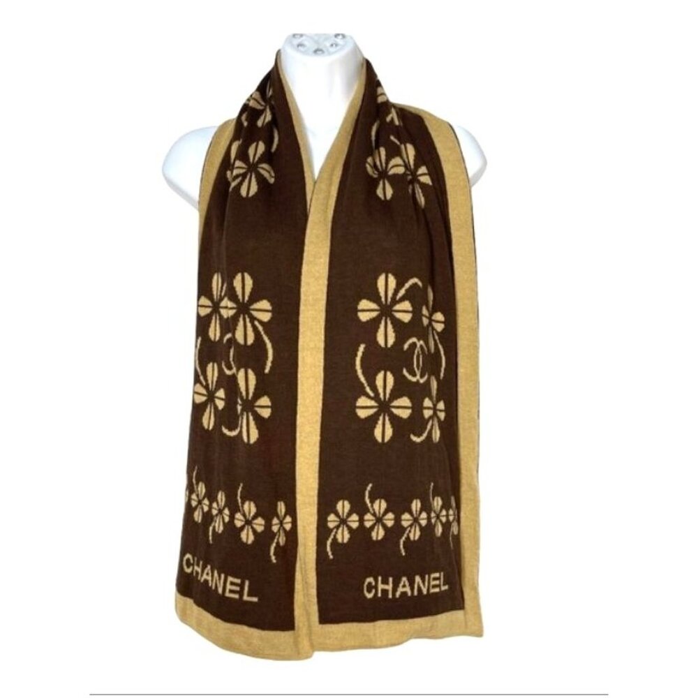 Chanel Brown & Beige Scarf With Four Leaf Clover Pattern - Picture 5 of 9